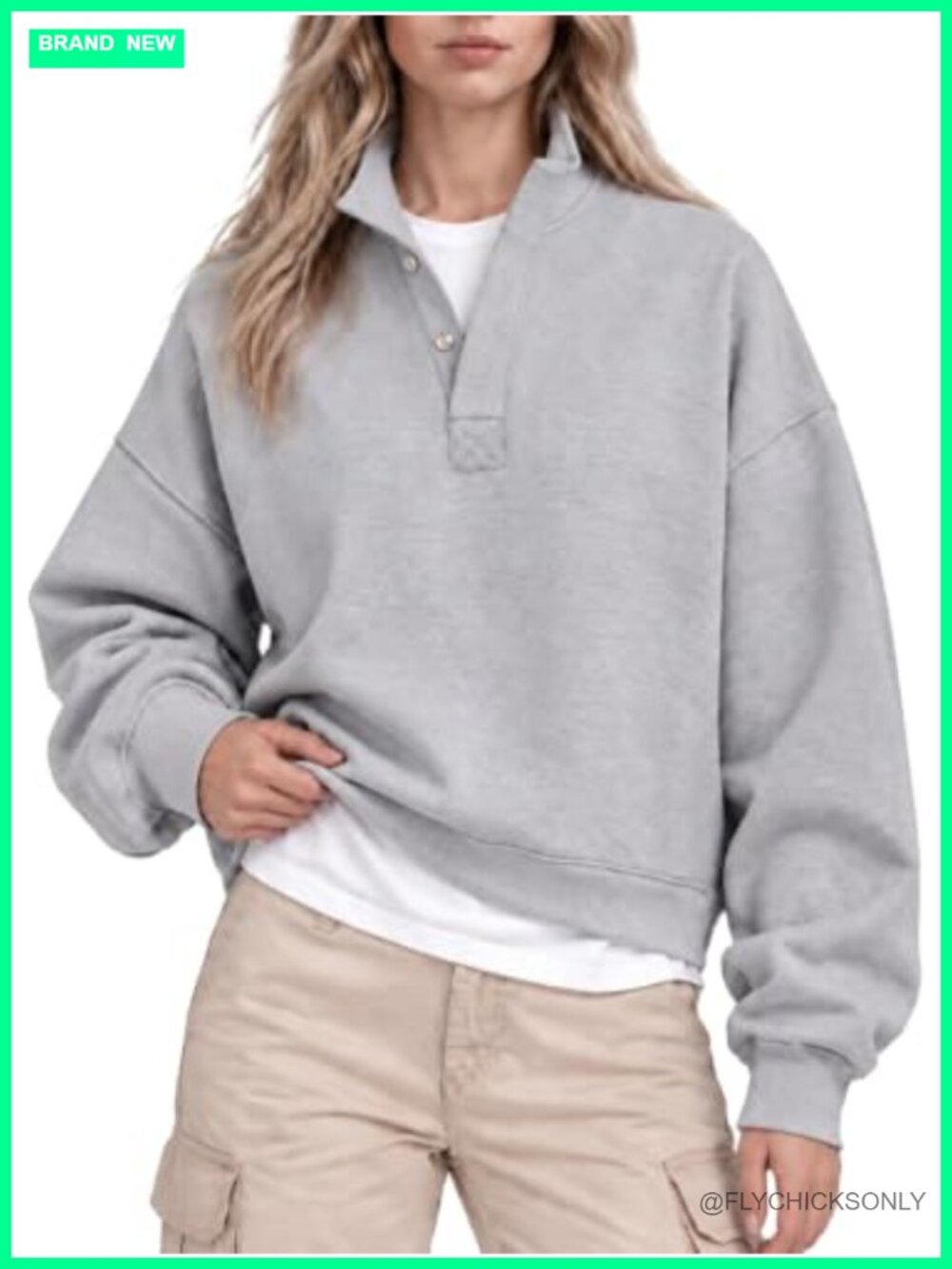 Oversized Cropped Fleece Sweatshirt Mock Neck Snap Button Pullover